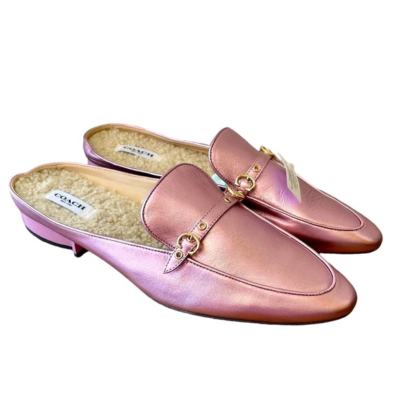 Coach Irene Metallic Pink Barbie Shearling Mule Shoes New - Picture 1 of 16